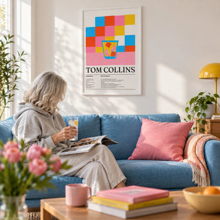Colorful Bar Prints, framed on the wall of a bright living room with a white wall