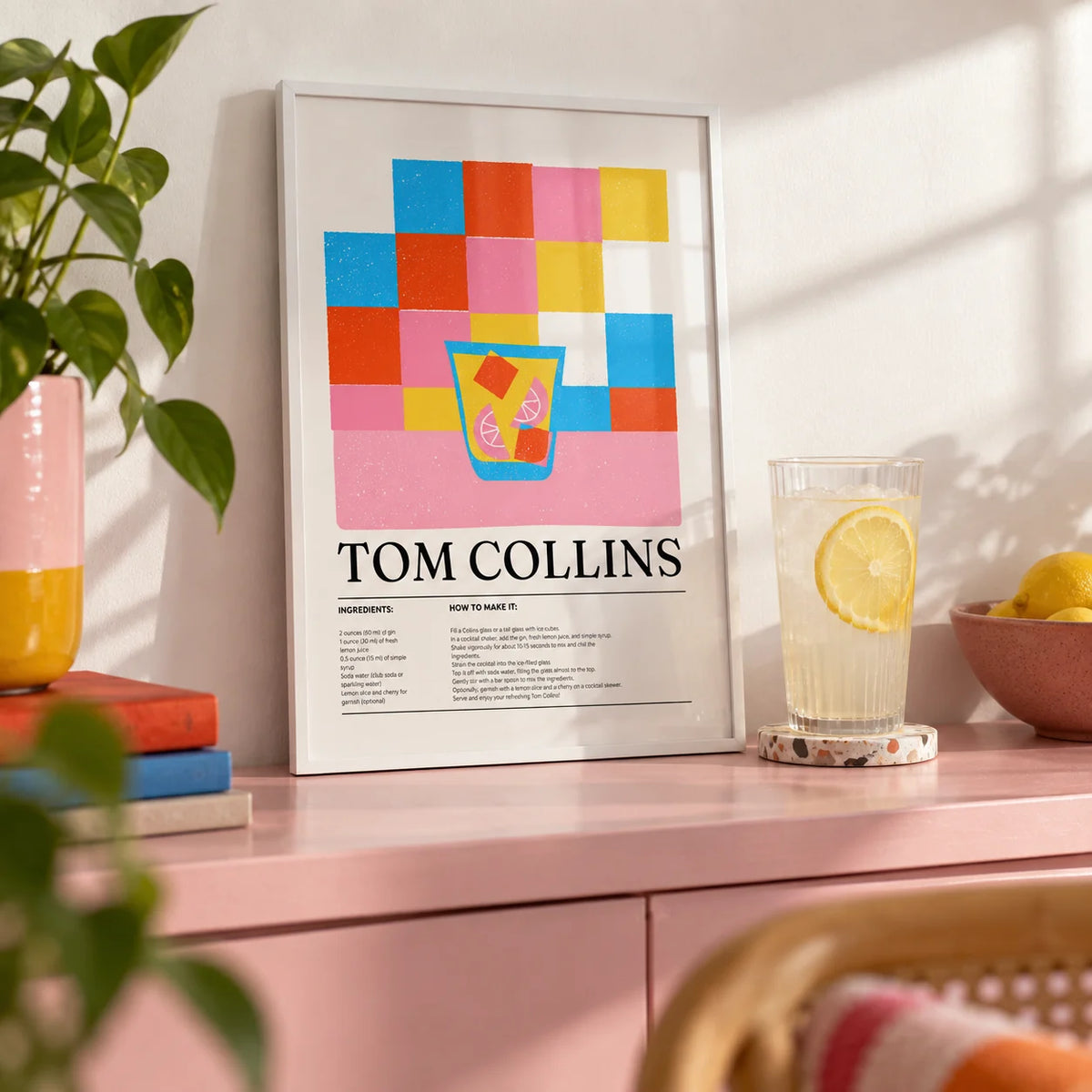 Colorful Bar Prints, a small A4 framed print leaning on a pale pink painted shelf in a living room