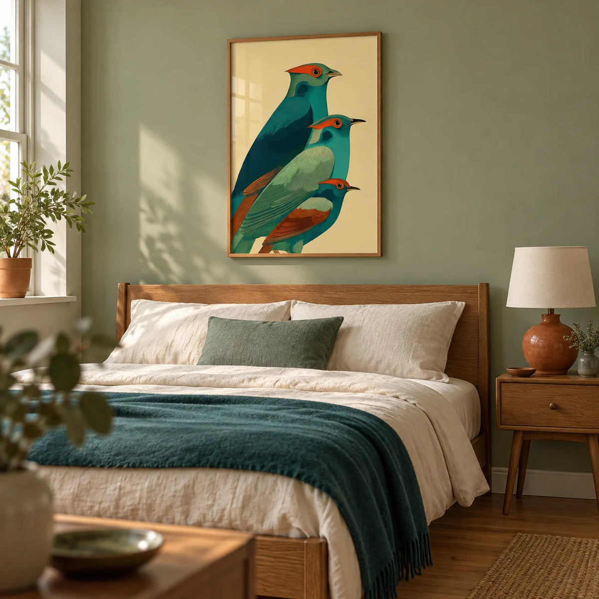 Colorful Bird Art Print, framed on the wall of a calm adult bedroom with a pale green painted wall and simple mid-century oak furniture