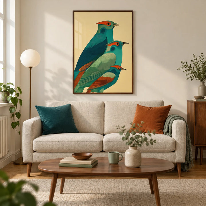 Colorful Bird Art Print, framed on the wall of a mid-century-inspired living room in a UK flat with a warm white wall and oak floor