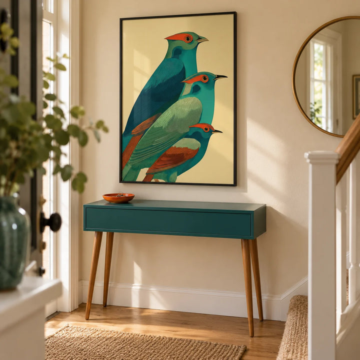 Colorful Bird Art Print, framed on the wall of a welcoming hallway in a compact British semi-detached house with a warm cream wall and plain oak floor