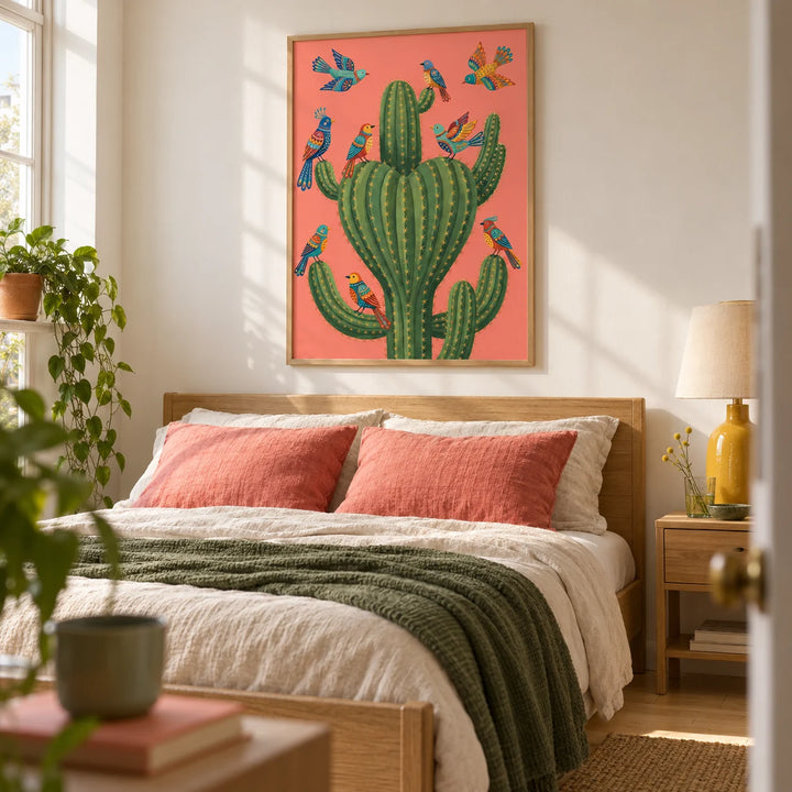 Colorful Bird Cactus Art, framed on the wall of a bright adult bedroom in a creative first flat (22-30) with a warm white wall and pale wooden floor
