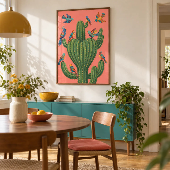 Colorful Bird Cactus Art, framed on the wall of a bright dining room in a design-conscious first flat (25-35) with a pale warm wall and oak floorboards