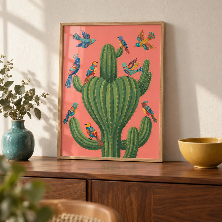 Colorful Bird Cactus Art, a small A4 framed print leaning on a walnut sideboard in a living room