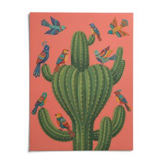 Colorful Bird Cactus Art, shown as an unframed paper print on a plain white background