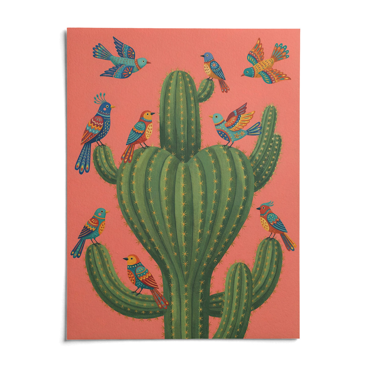 Colorful Bird Cactus Art, shown as an unframed paper print on a plain white background