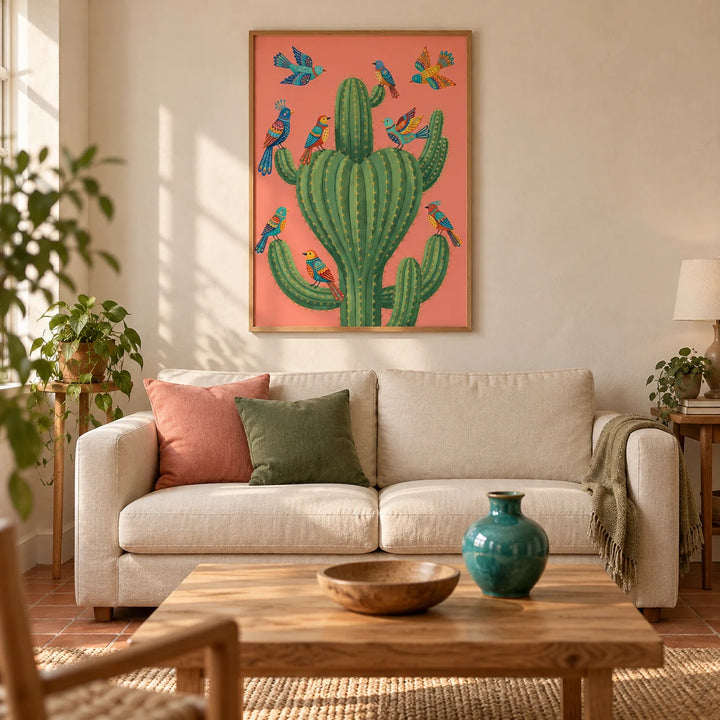 Colorful Bird Cactus Art, framed on the wall of a warm modern living room in a UK terraced house with warm white plaster walls and a terracotta floor