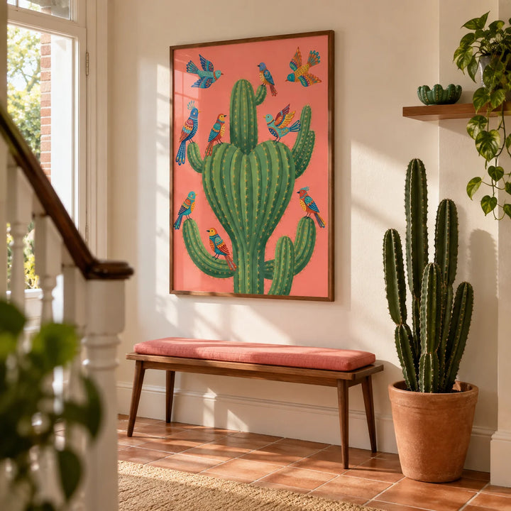 Colorful Bird Cactus Art, framed on the wall of a welcoming hallway in a renovated UK terrace with warm white walls and terracotta floor tiles