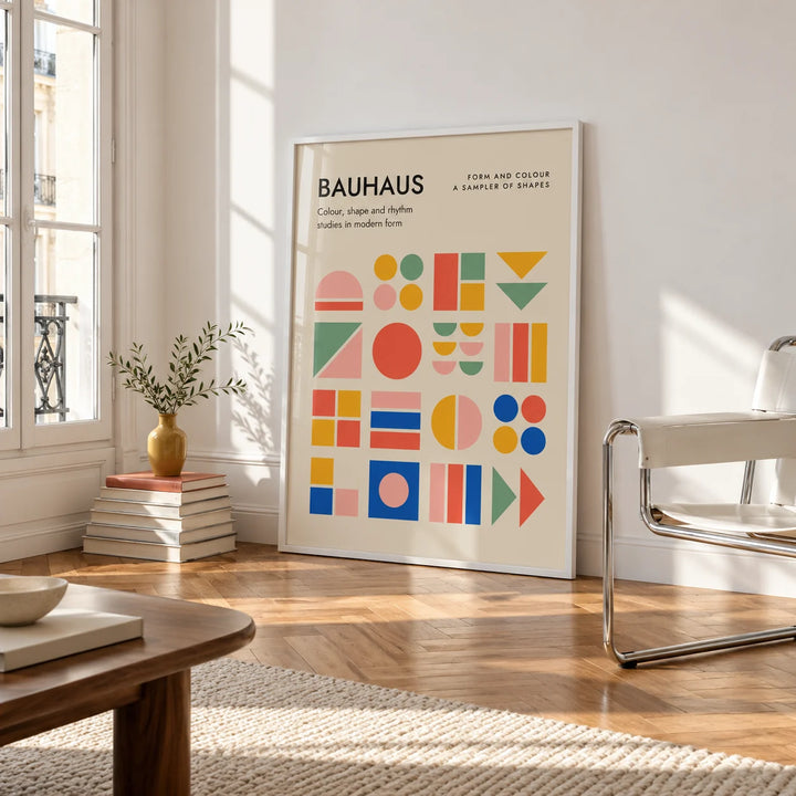 Colorful Block Print, framed on the wall of a bright airy apartment living room