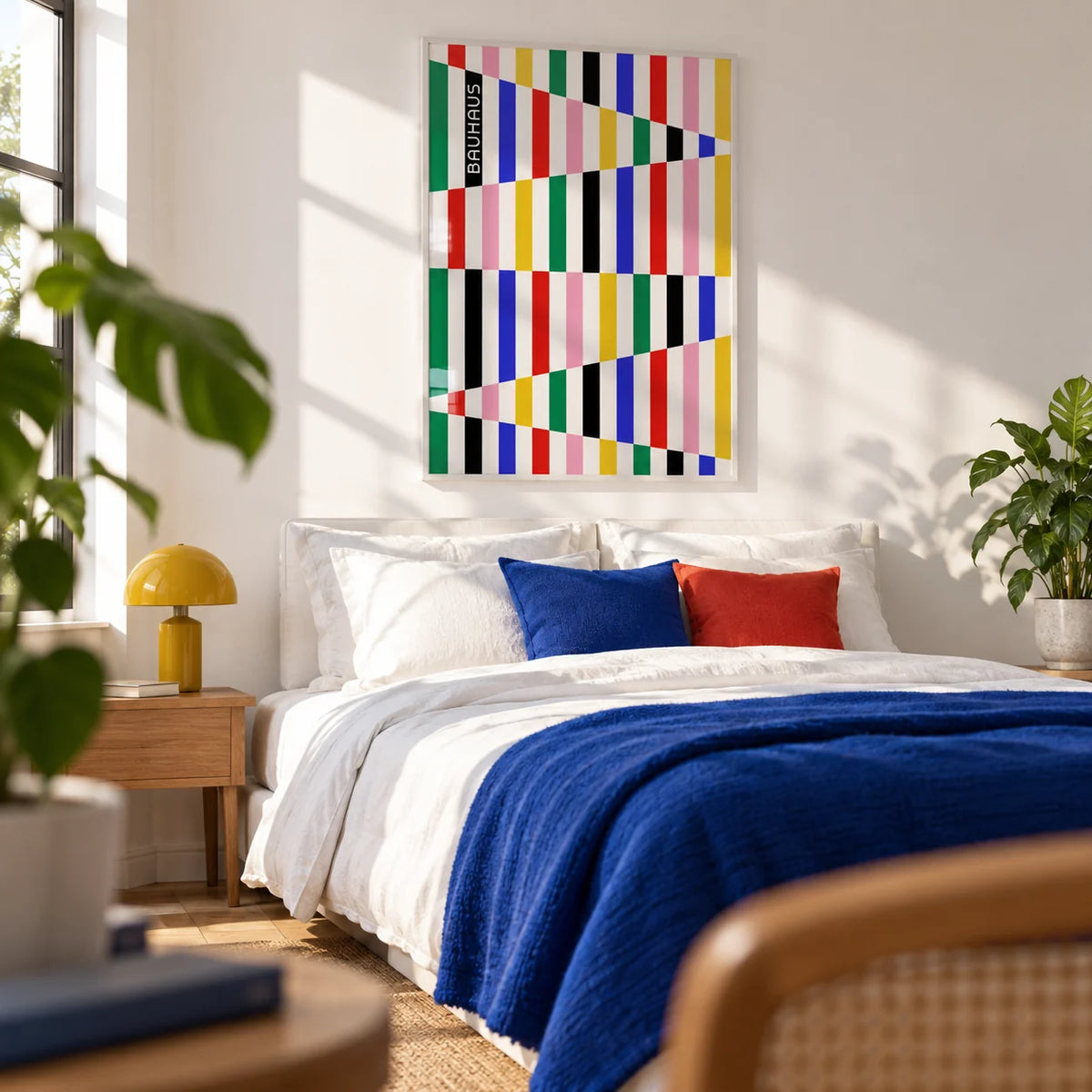 Colorful Block Print, framed on the wall of a bright bedroom with a white wall