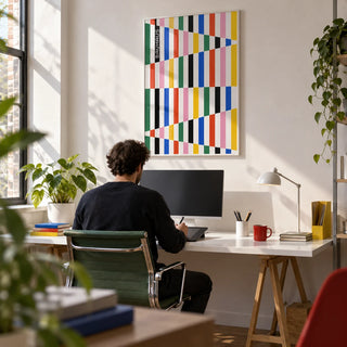 Colorful Block Print, framed on the wall of a creative design studio with a white wall in a home office