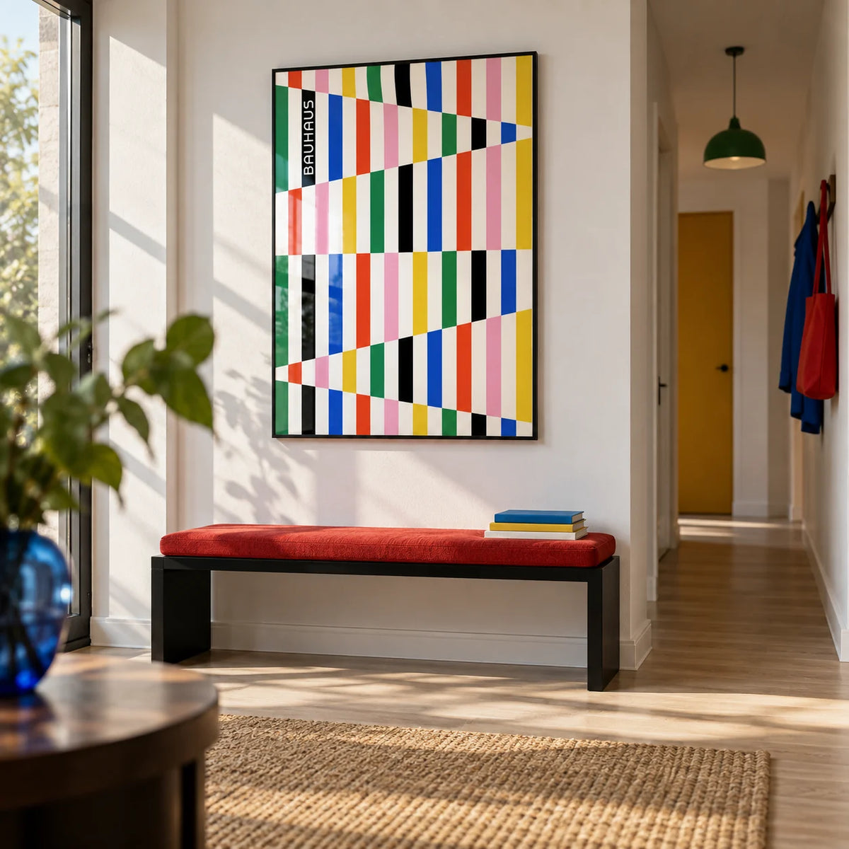 Colorful Block Print, framed on the wall of a modern hallway with a white wall