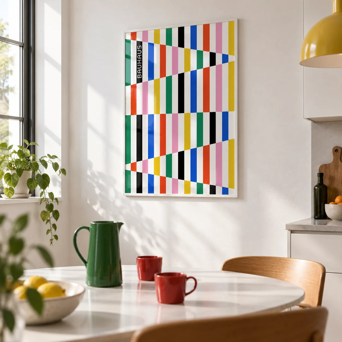 Colorful Block Print, framed on the wall of a modern kitchen-diner with a white wall