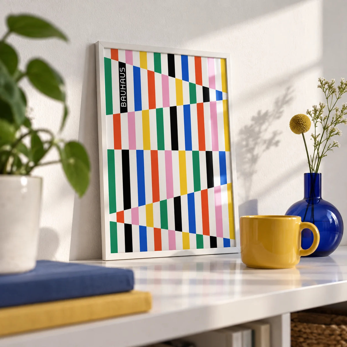 Colorful Block Print, a small A4 framed print leaning on a white shelf in a living room