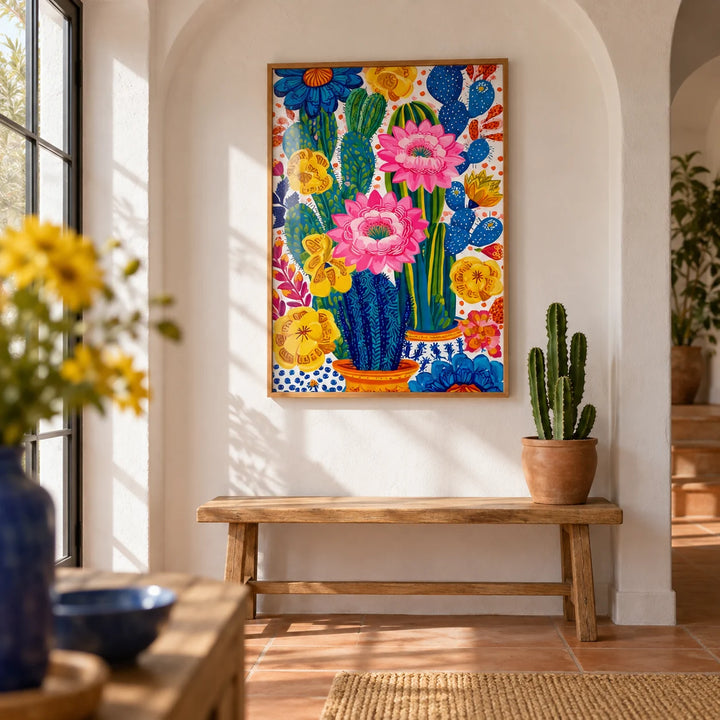 Colorful Botanical Wall Art, framed on the wall of a bright hallway with a white plaster arched niche and a plain terracotta floor