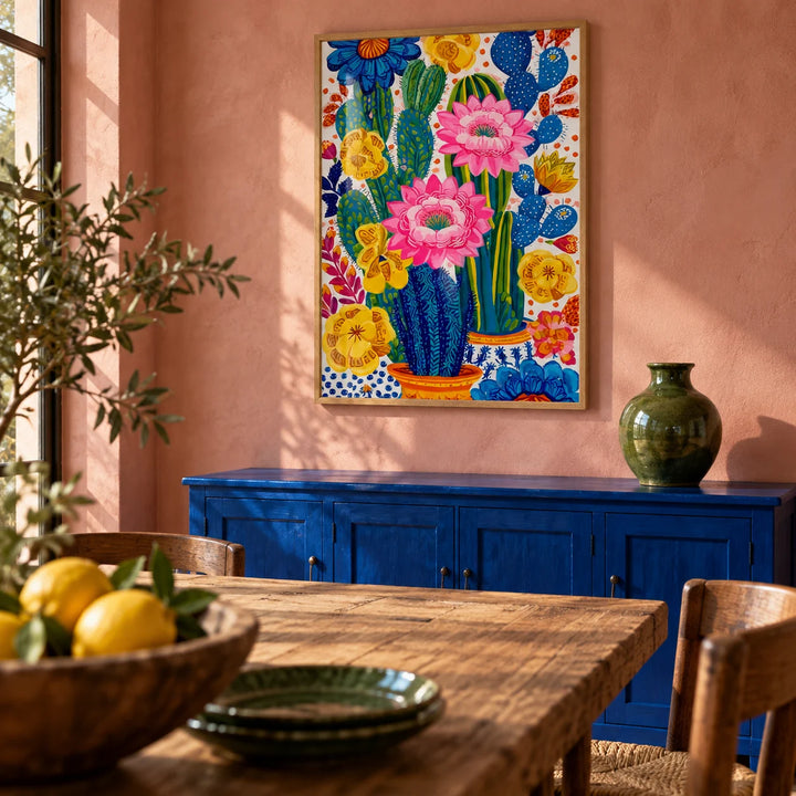 Colorful Botanical Wall Art, framed on the wall of a Mexican-modern dining room with a dusty pink limewashed wall