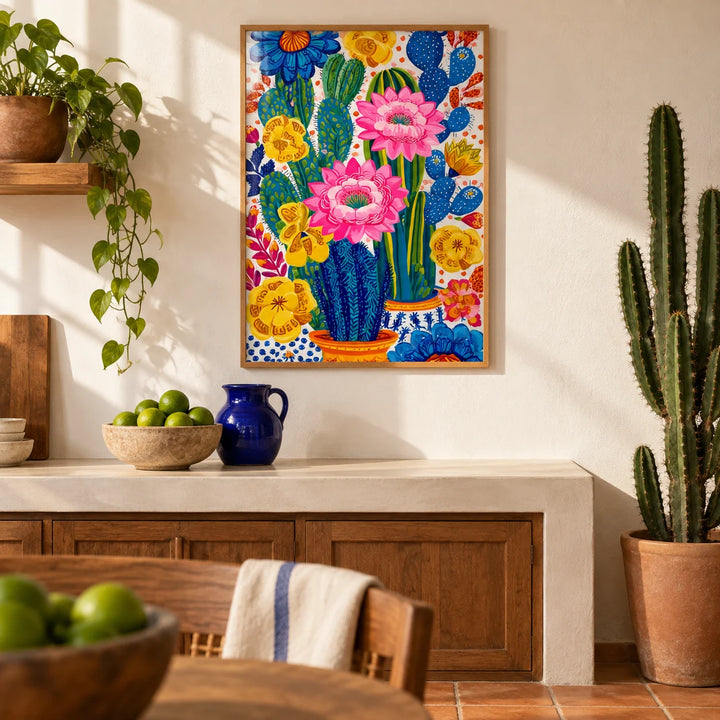 Colorful Botanical Wall Art, framed on the wall of a Mexican-modern kitchen with warm white plaster walls and a plain terracotta floor