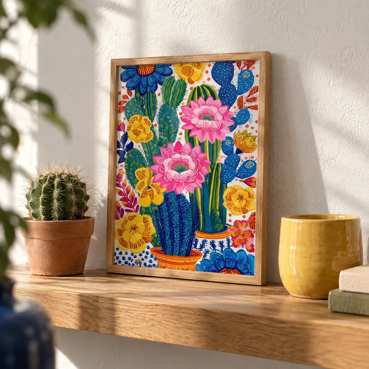Colorful Botanical Wall Art, a small A4 framed print leaning on an oak shelf in a living room