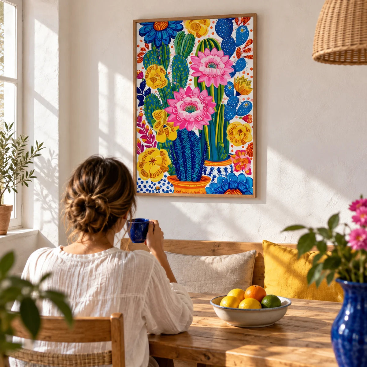 Colorful Botanical Wall Art, framed on the wall of a sunny kitchen breakfast table with a white plaster wall