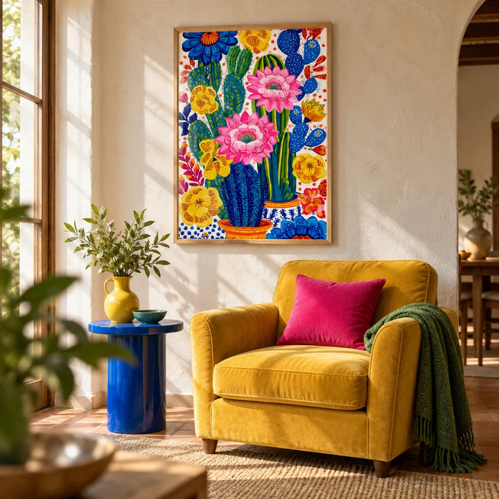 Colorful Botanical Wall Art, framed on the wall of a warm Mexican-modern living room with limewashed white plaster walls