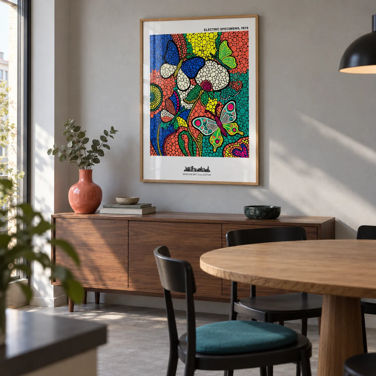 Colorful Butterfly Art Print, framed on the wall of a contemporary dining corner in a first flat (22-28) with a pale concrete-grey wall
