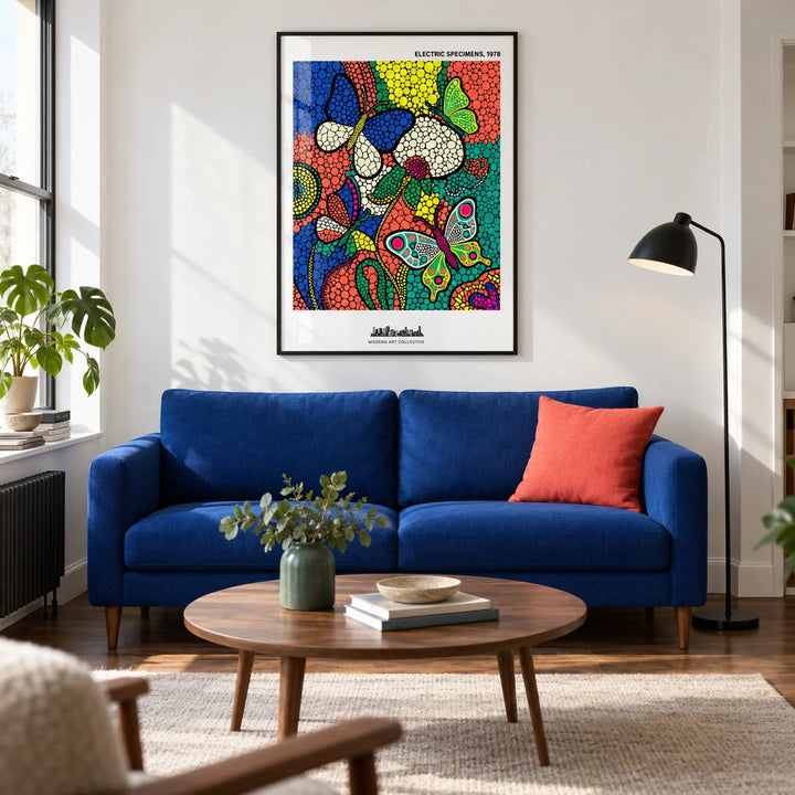 Colorful Butterfly Art Print, framed on the wall of a design-led living room in a UK city flat with chalk-white walls