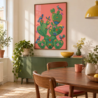 Colorful Cactus Art Print, framed on the wall of a bright dining room in a colourful UK flat with a soft chalk white wall and pale wooden floor