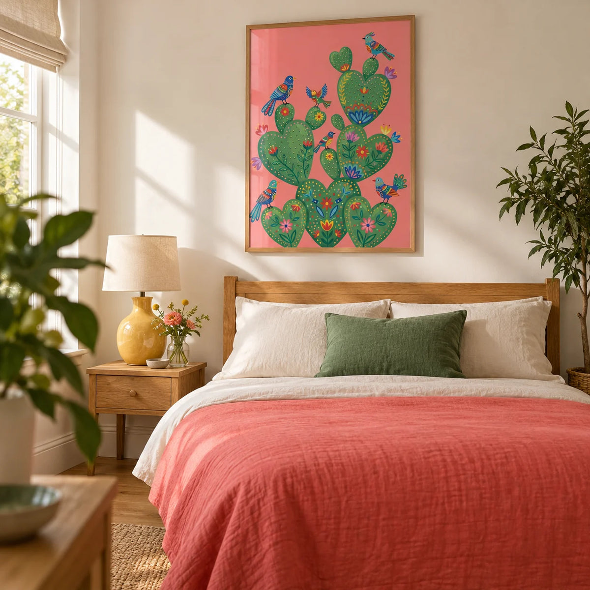 Colorful Cactus Art Print, framed on the wall of a cheerful adult bedroom in a UK home with warm white walls and oak floorboards