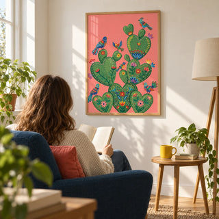 Colorful Cactus Art Print, framed on the wall of a sunny reading corner in a UK first home for a botanical-art lover (25-35) in a living room
