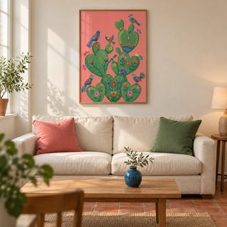 Colorful Cactus Art Print, framed on the wall of a warm modern living room in a UK terraced house with ivory plaster walls and terracotta floor tiles