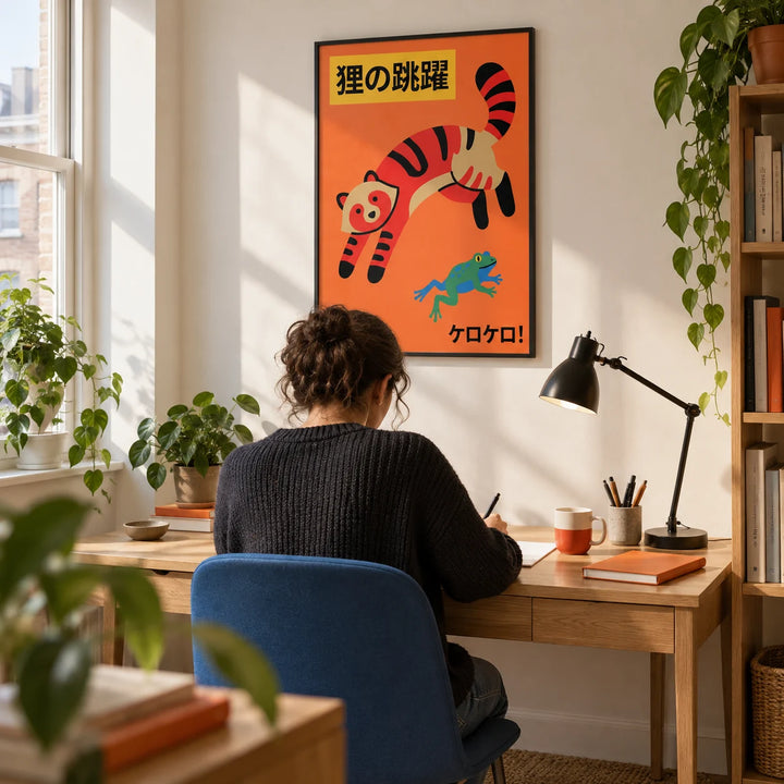 Colorful Cat Wall Art, framed on the wall of a bright home study in a design-loving adult’s UK flat with an off-white wall and a plain blue desk chair