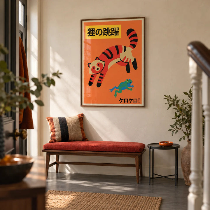 Colorful Cat Wall Art, framed on the wall of a characterful entrance hallway in a renovated UK terrace with pale cream plaster walls and a plain dark grey floor