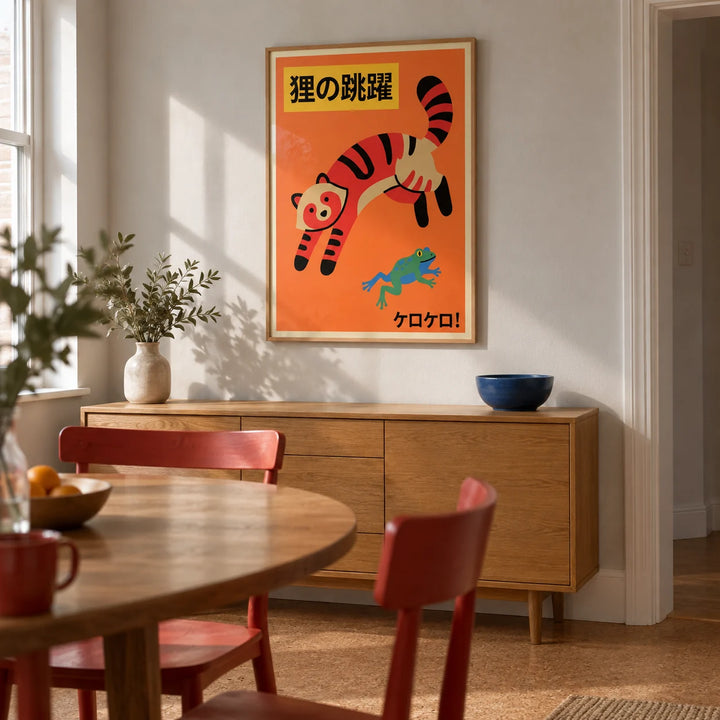 Colorful Cat Wall Art, framed on the wall of a compact modern dining room in a UK terrace with pale grey walls and a cork floor