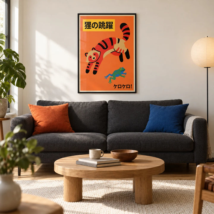Colorful Cat Wall Art, framed on the wall of a modern living room in a young couple’s UK city flat with warm white walls