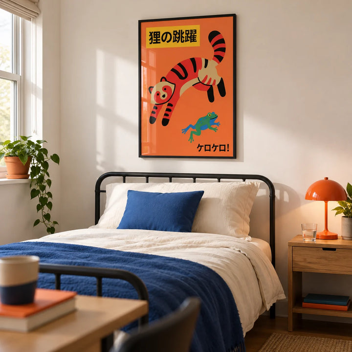 Colorful Cat Wall Art, framed on the wall of a playful modern single bedroom for a young adult aged 18-25 in a UK shared flat with warm white walls