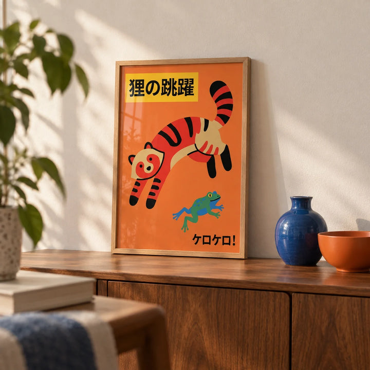 Colorful Cat Wall Art, a small A4 framed print leaning on a walnut sideboard in a living room