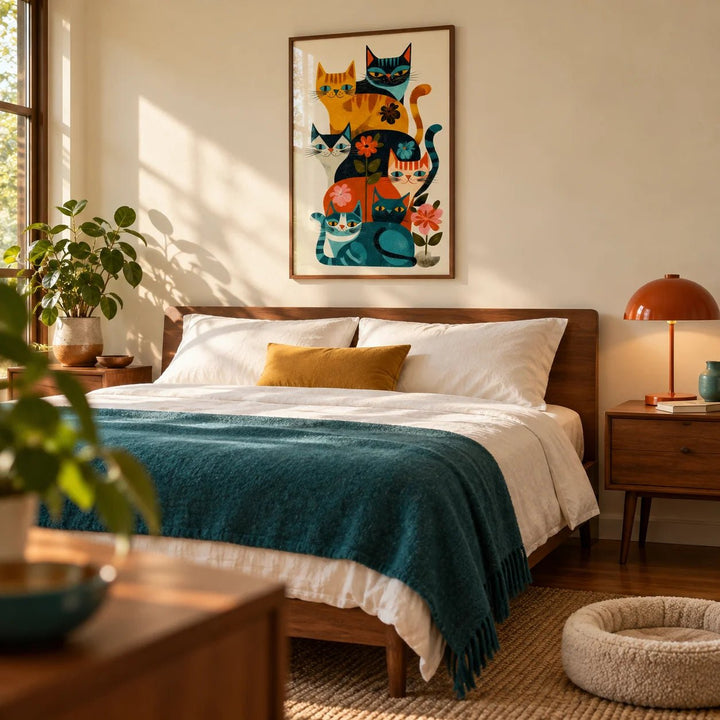 Colorful Cat Wall Art, framed on the wall of a mid-century bedroom with a warm cream wall
