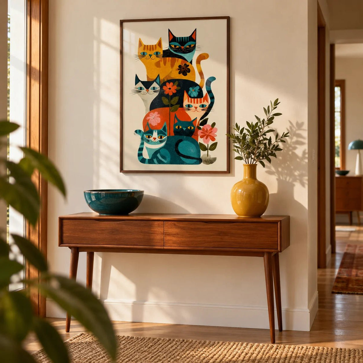 Colorful Cat Wall Art, framed on the wall of a mid-century hallway