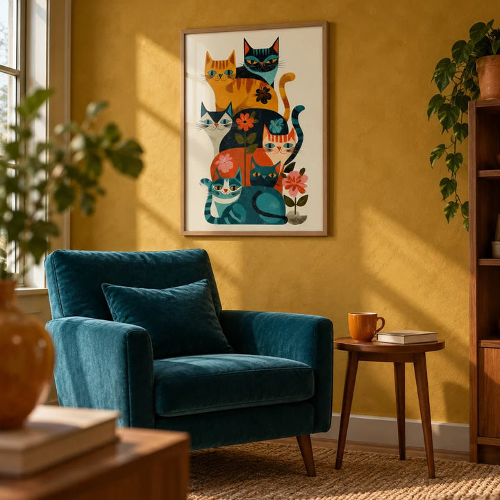Colorful Cat Wall Art, framed on the wall of a reading corner with a mustard limewashed wall in a living room