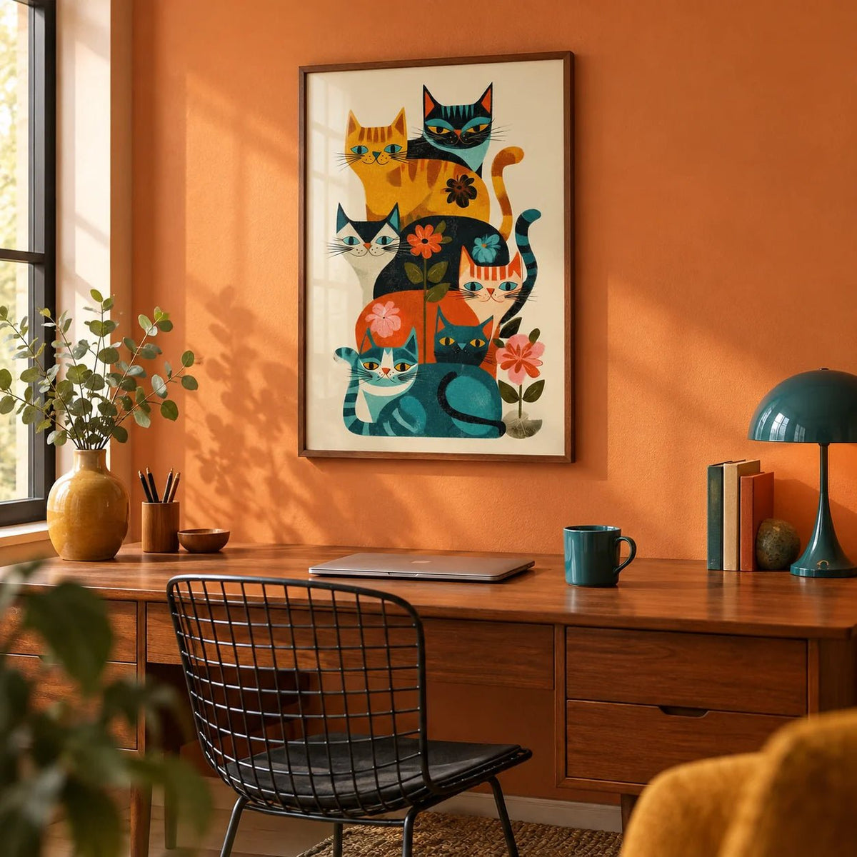 Colorful Cat Wall Art, framed on the wall of a retro home office with a soft orange painted wall