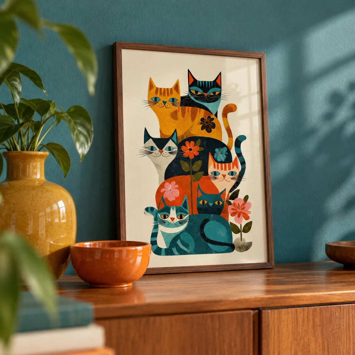 Colorful Cat Wall Art, a small A4 framed print leaning on a teak shelf in a living room