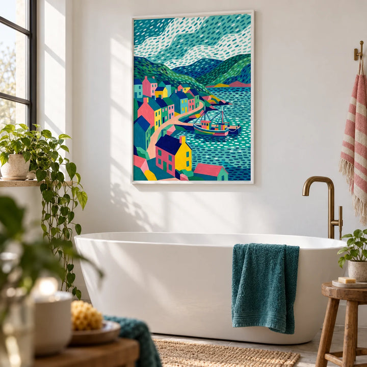 Colorful Coastal Art Print, framed on the wall of a bright bathroom with a white wall