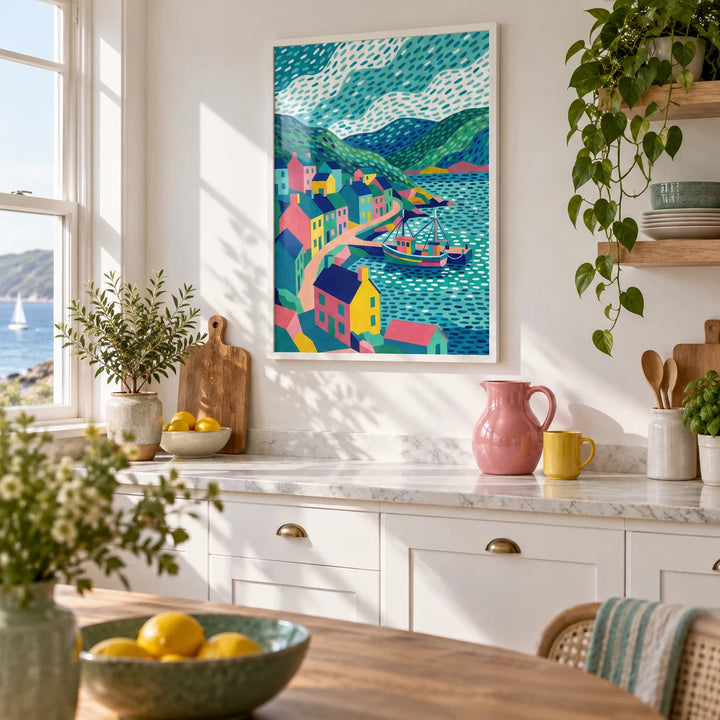 Colorful Coastal Art Print, framed on the wall of a bright coastal kitchen with white cabinets