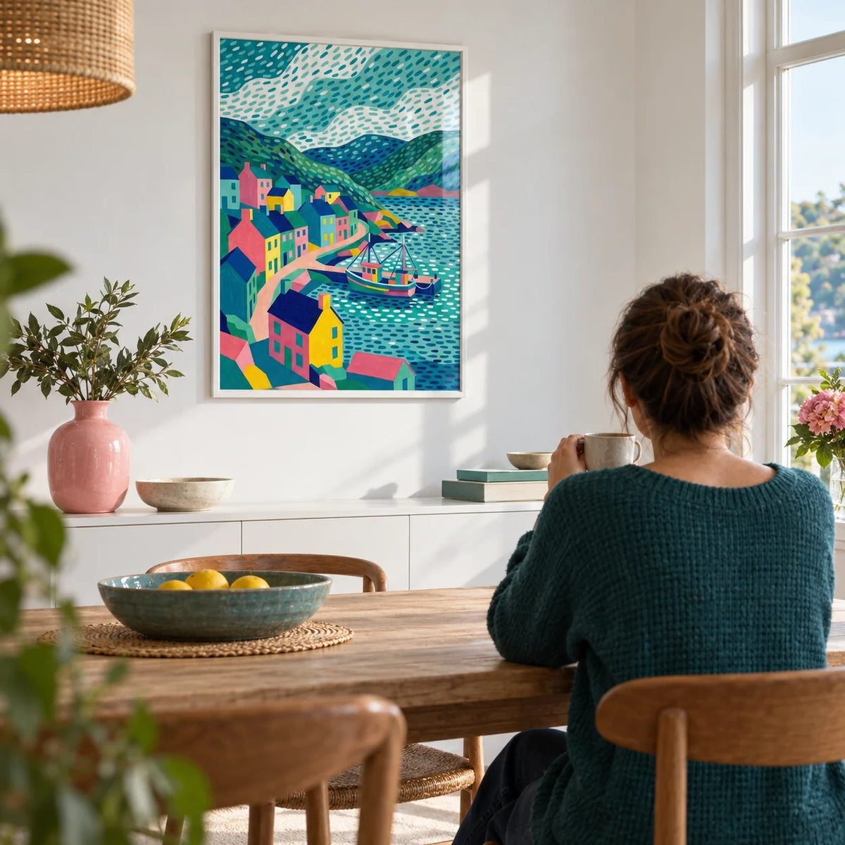 Colorful Coastal Art Print, framed on the wall of a bright dining room with a white wall