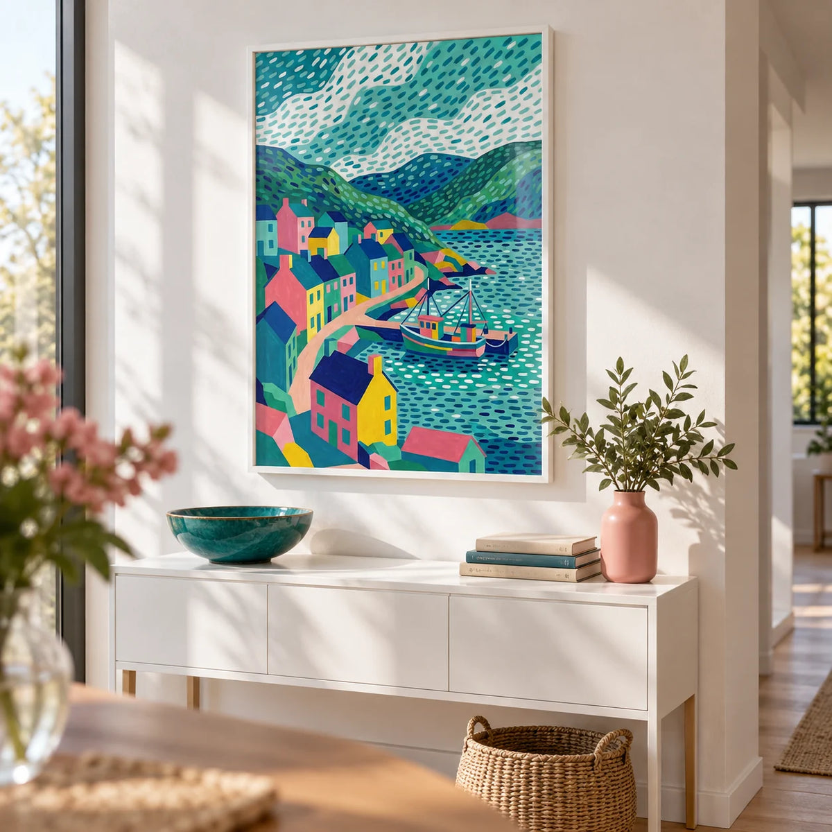 Colorful Coastal Art Print, framed on the wall of a bright hallway with a white wall