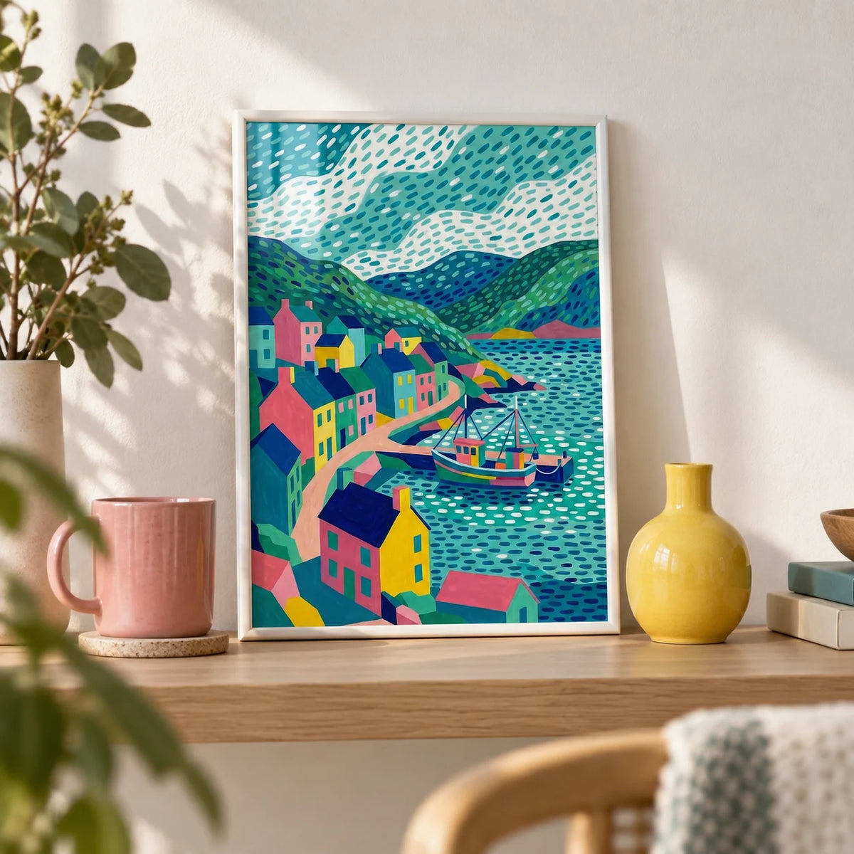Colorful Coastal Art Print, a small A4 framed print leaning on a pale oak shelf in a living room
