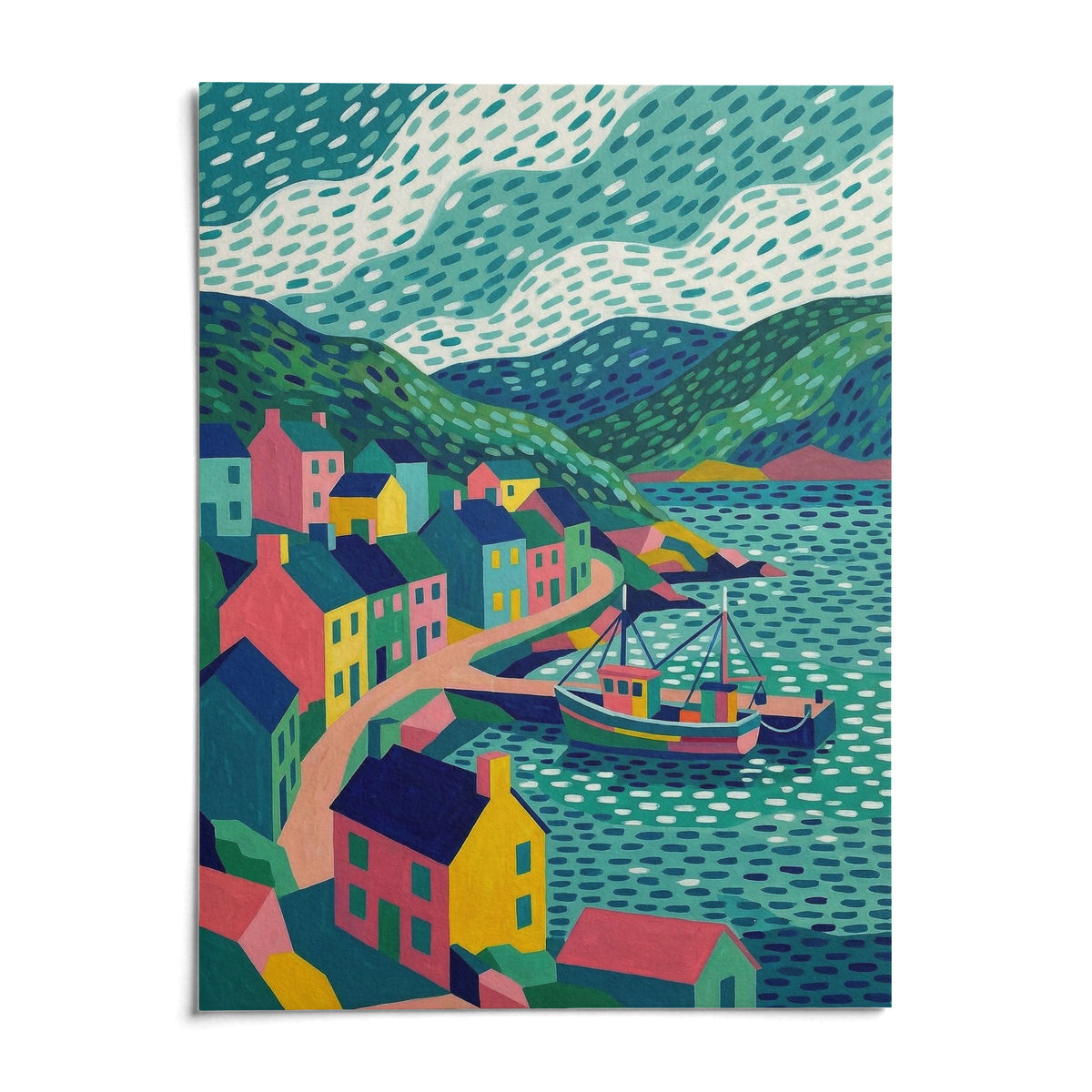 Colorful Coastal Art Print, shown as an unframed paper print on a plain white background