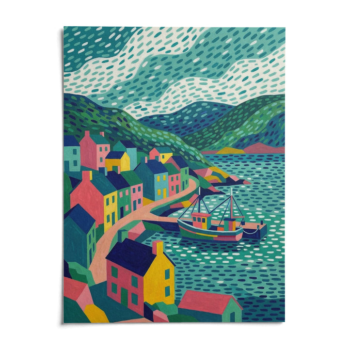 Colorful Coastal Art Print, shown as an unframed paper print on a plain white background