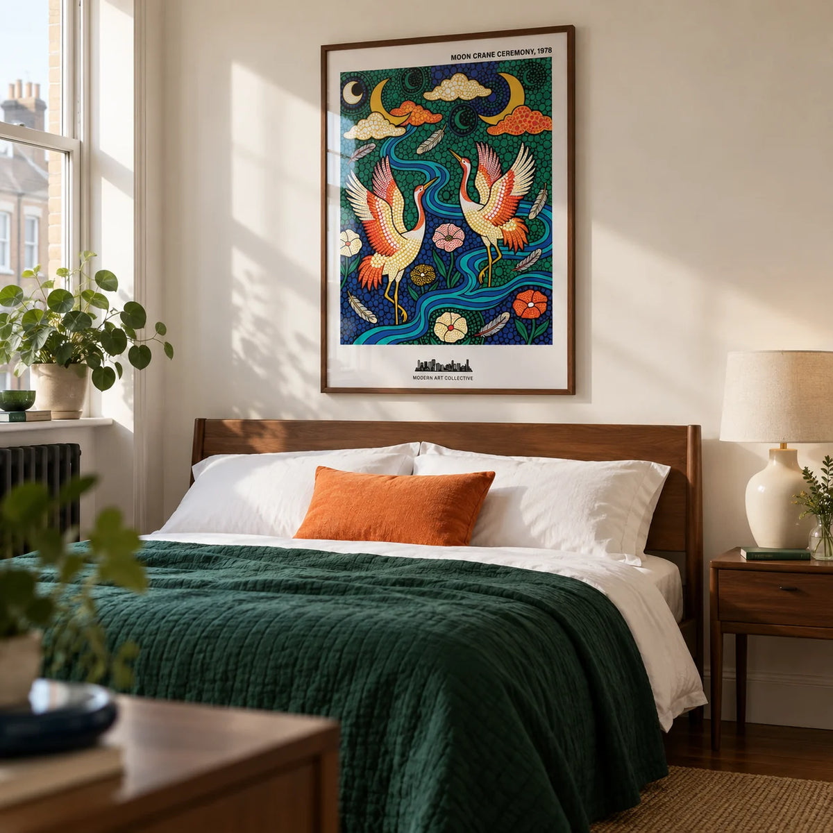 Colorful Crane Poster, framed on the wall of a contemporary bedroom in a UK terraced home with a soft white wall and walnut furniture