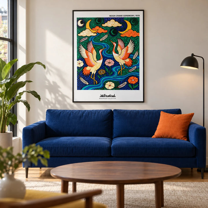 Colorful Crane Poster, framed on the wall of a modern living room in a UK city flat with warm white walls